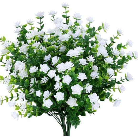 4 Bundles Outdoor Artificial Fake Flowers No Fade UV Resistant Faux Plant, White - Picture 1 of 7